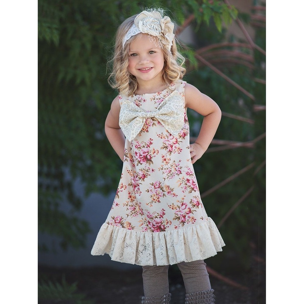 Persnickety Girls Floral Dress Lace Trim Bow Accent Size 5 Years‎